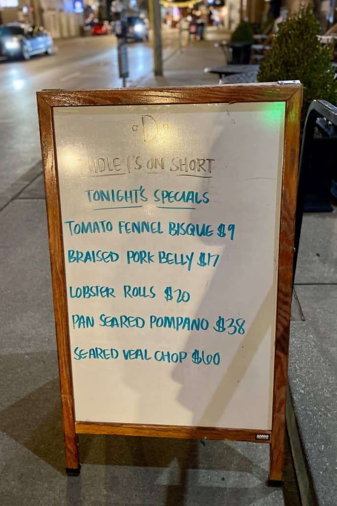 Board listing nightly specials at Dudley's on Short.