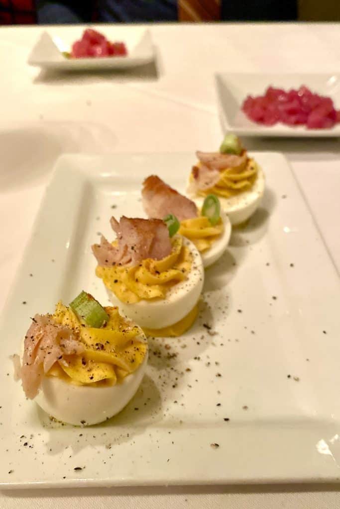 Kentucky smoked trout deviled eggs appetizer.
