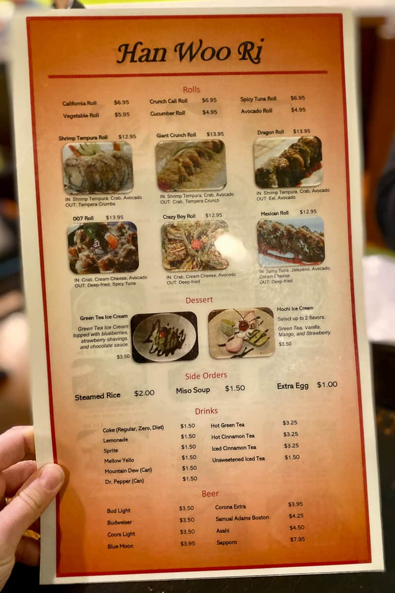 Sushi, dessert and drinks menu at Han Woo Ri.