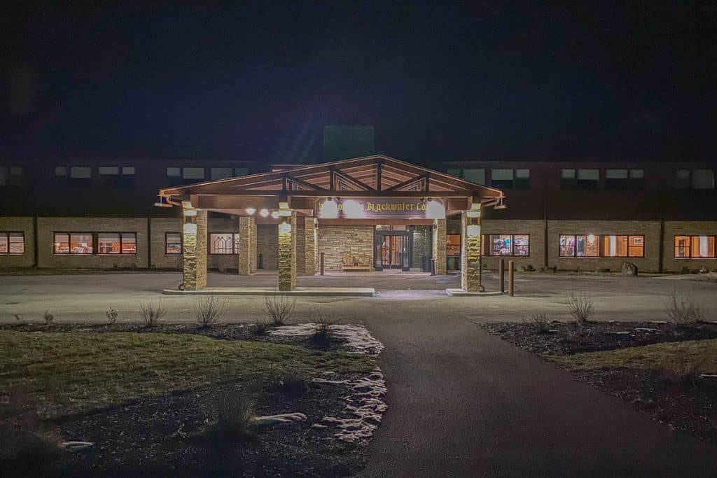 Blackwater Lodge at night.