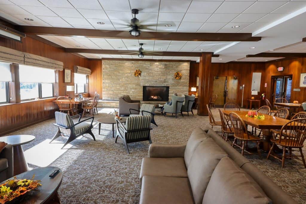 Lounge with couches, chairs and tables.
