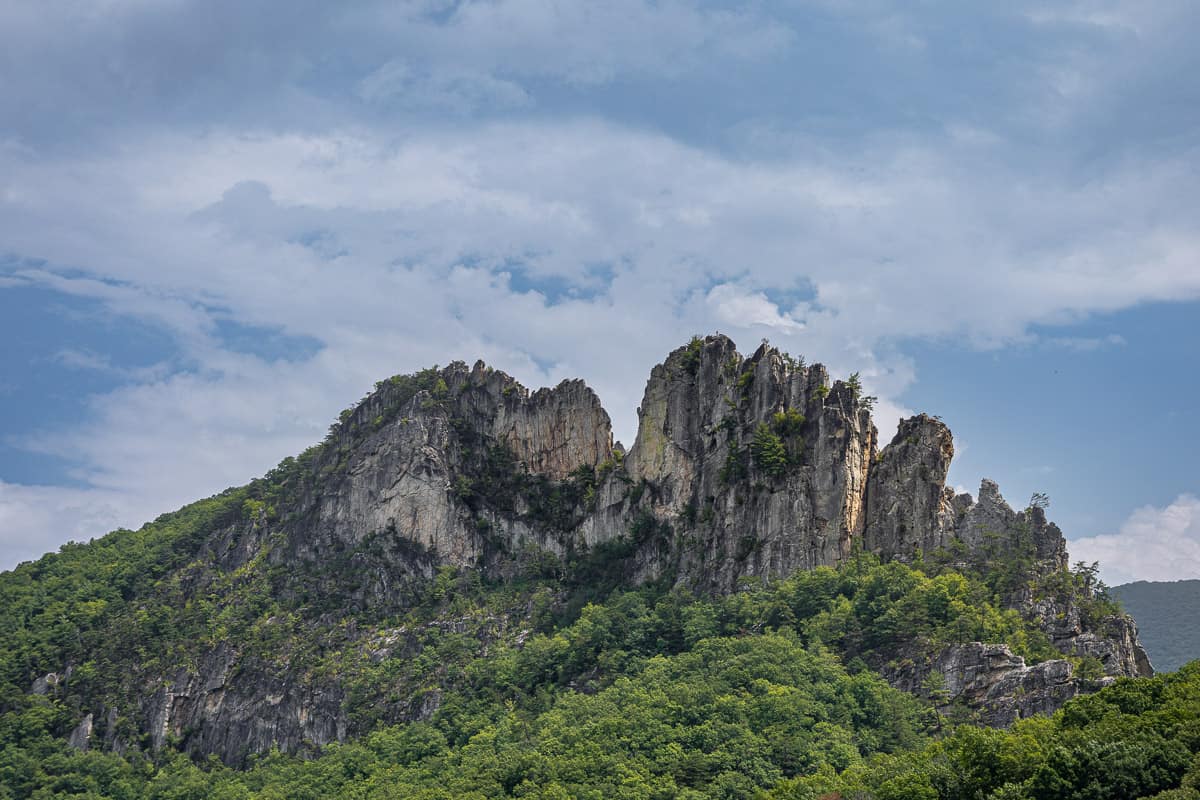 Seneca Rock, a craggy formation jutting out of hillside and a popular West Virginia hiking destination.