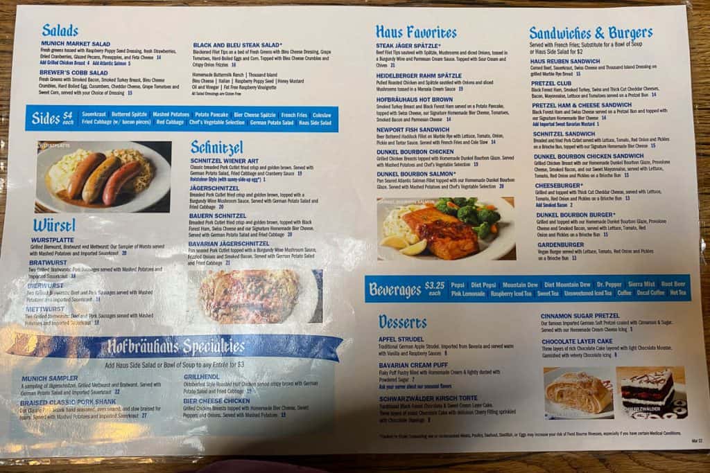 Entree menu at Hofbrauhaus restaurant.