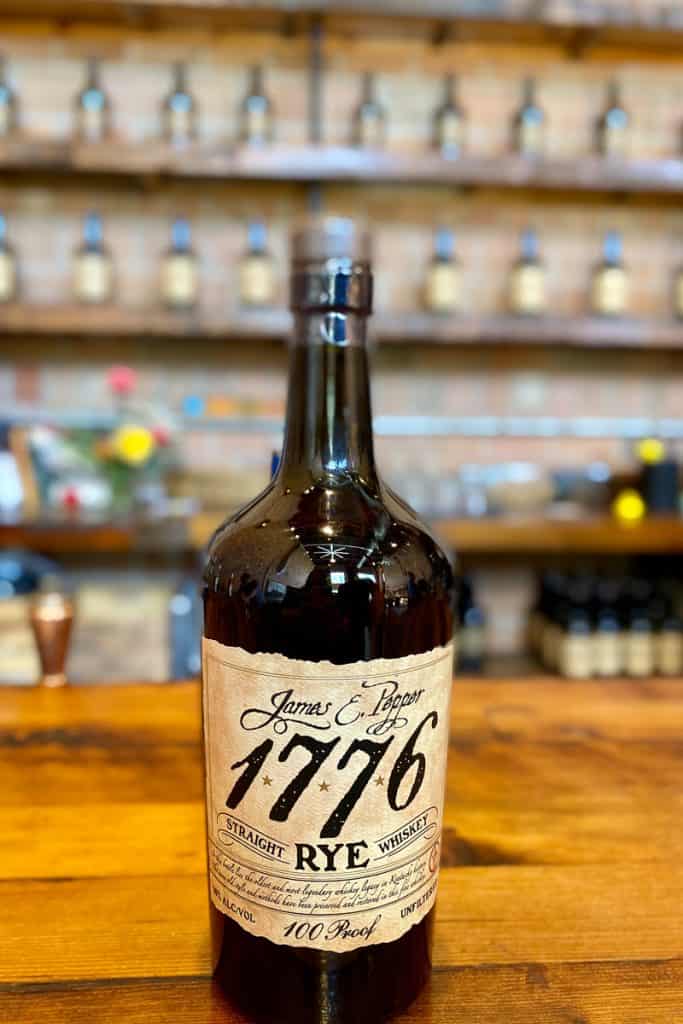 Bottle of James E Pepper 1776 rye whiskey.