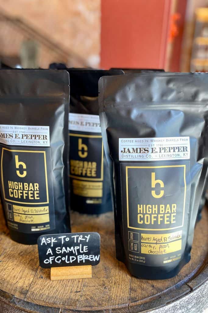 Packages of James E Pepper coffee aged in whiskey barrels.