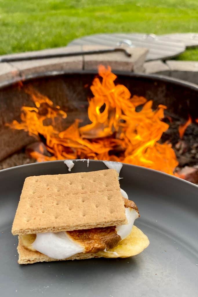 Campfire smore on plate with campfire in background.