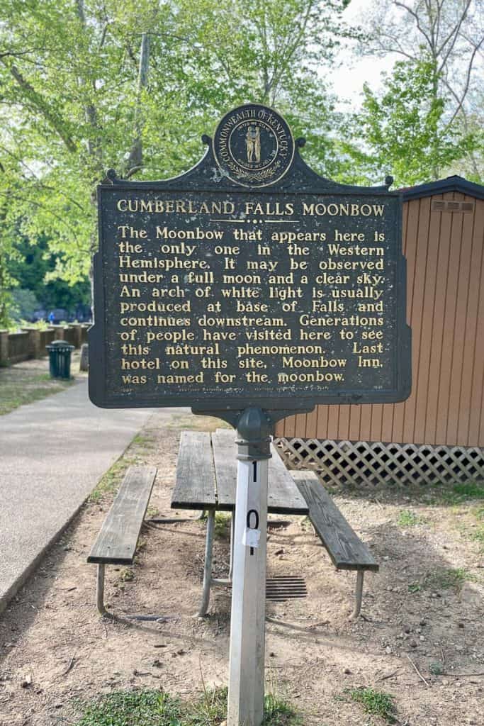 Sign explaining moonbow at Cumberland Falls.