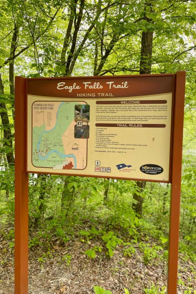 Sign for Eagle Falls hiking trail.