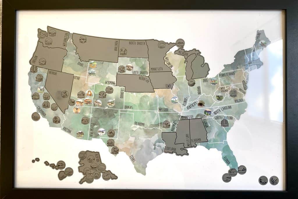 Map with spots to record national park visits.