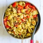 Pasta with artichoke hearts, tomatoes and capers added.
