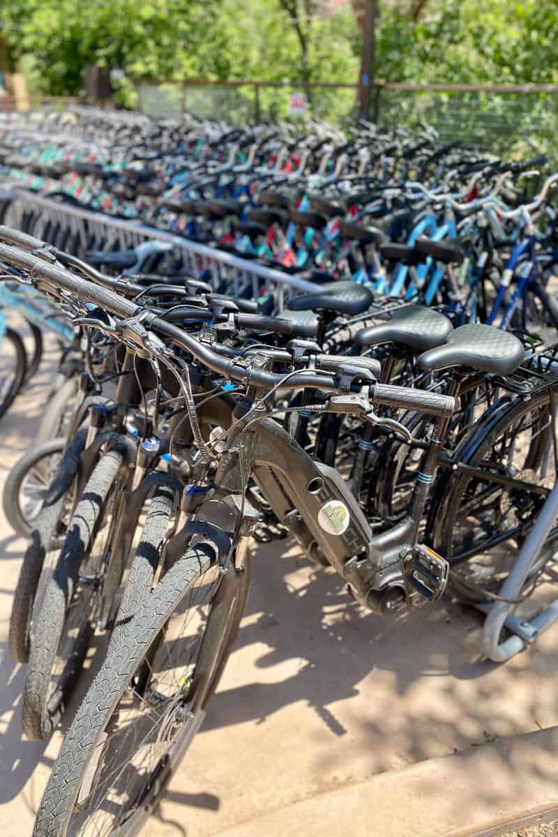 Rows of bikes secured to rack, one possibility for how to skip the shuttles at Zion.