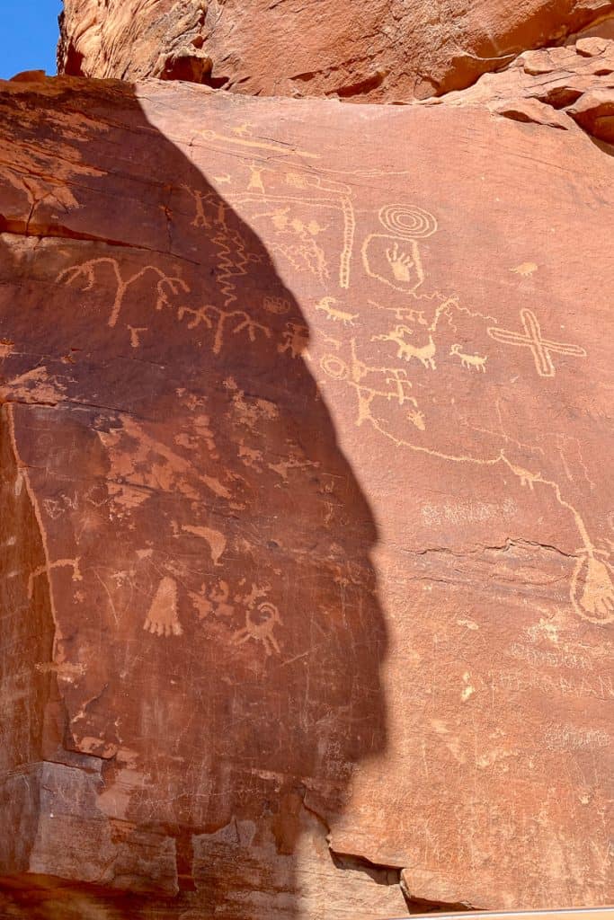 Petroglyphs on side of rock formation at Valley of Fire State Park.