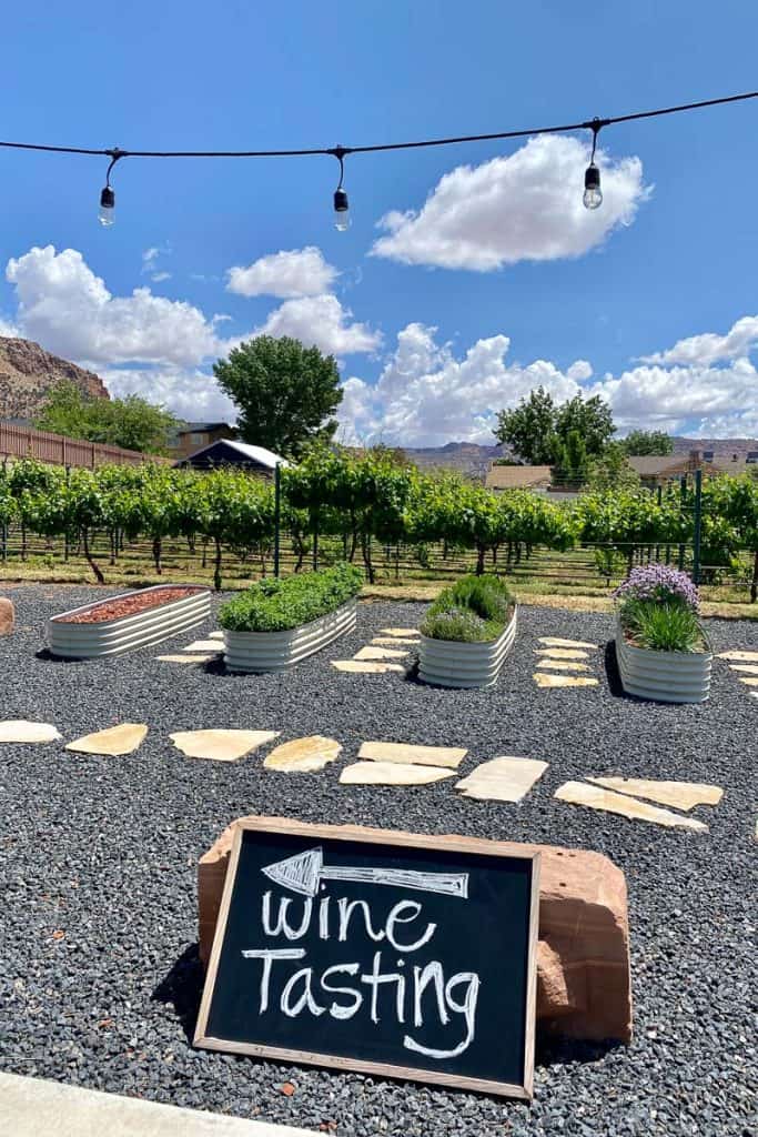 Sign for wine tasting with vineyard in background at Water Canyon Winery.