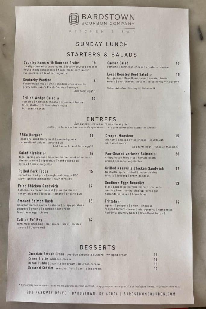 Starters and salads, entrees and desserts menu at Bardstown Bourbon Restaurant.
