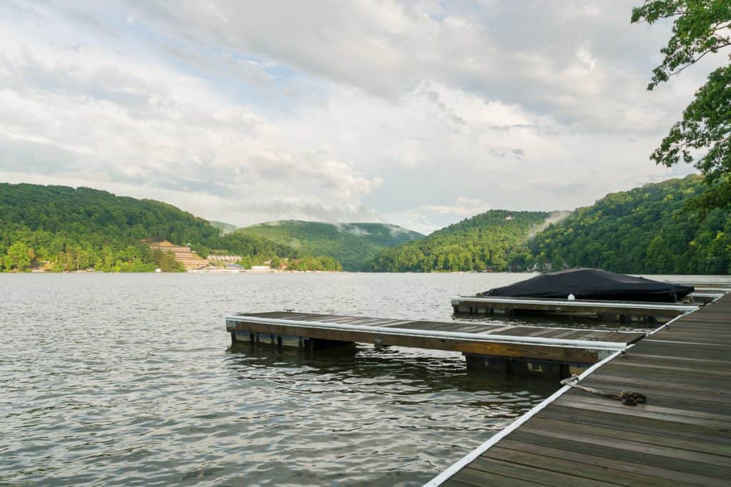 Boat dock on Cheat Lake at Coopers Rock State Forest.