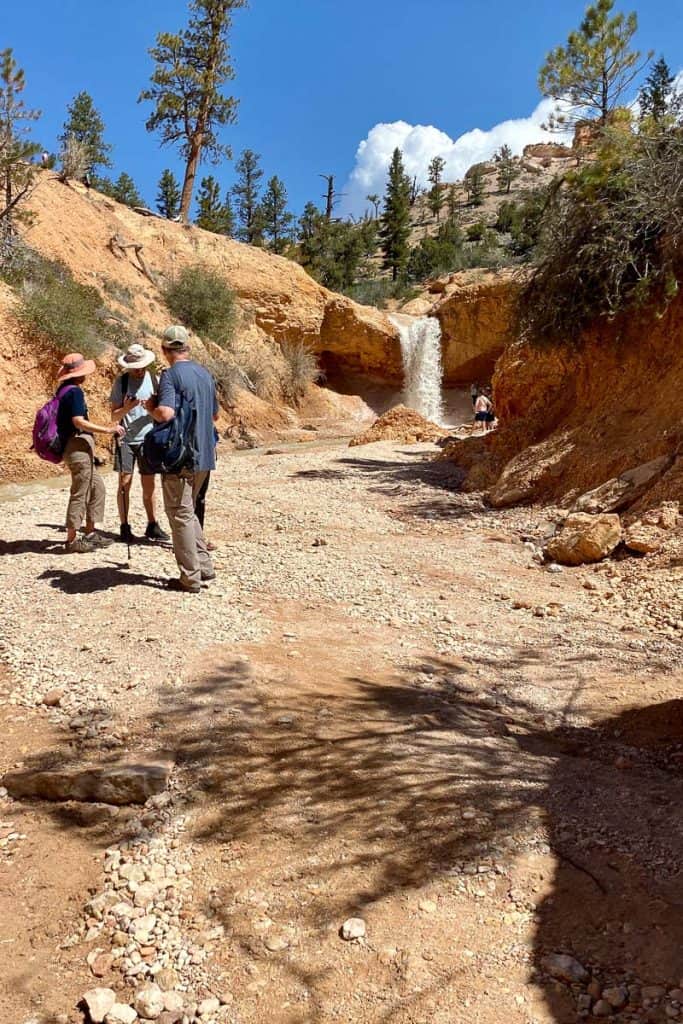 Hikers waiting near desert waterfall on Mossy Cave trail.