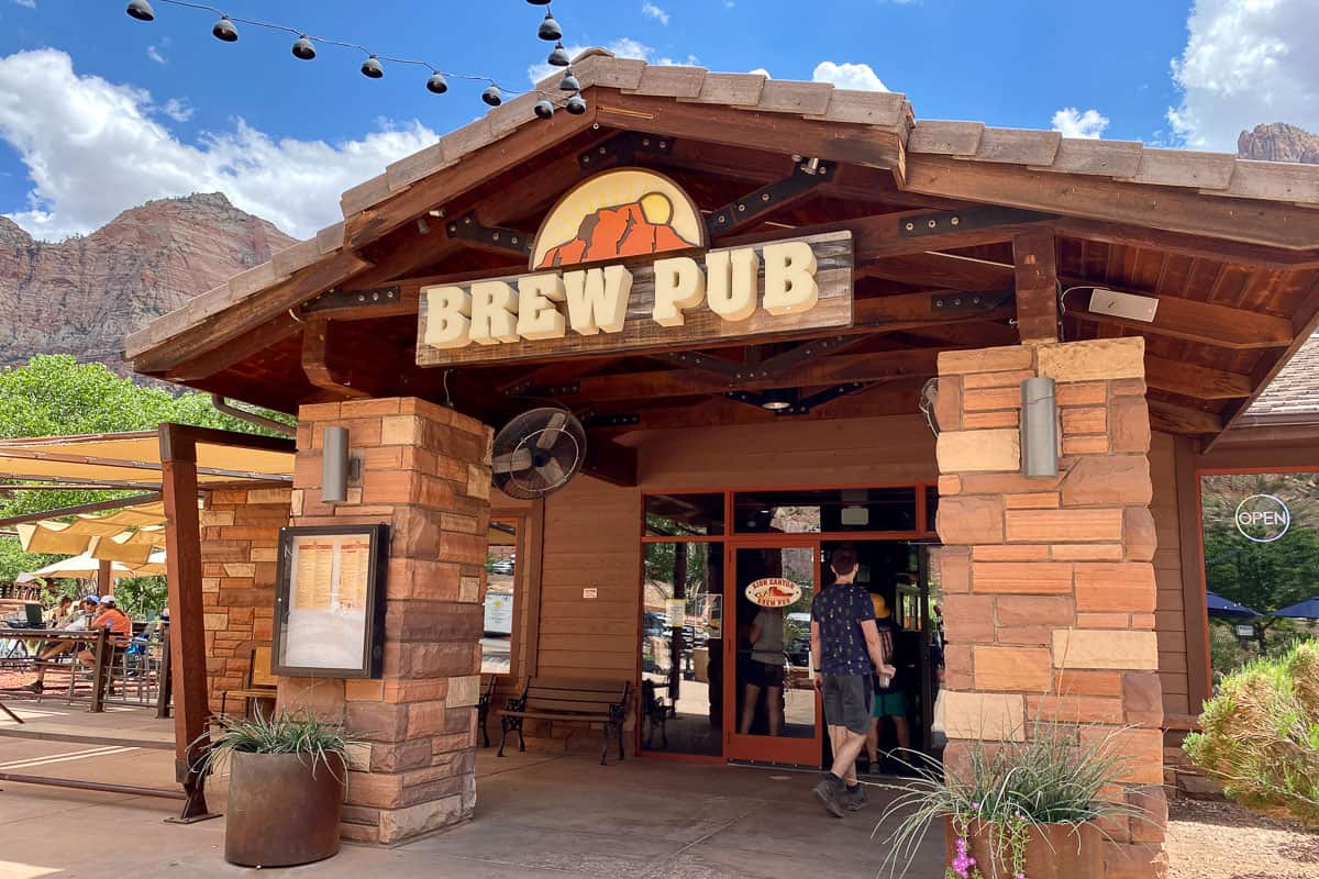Entrance to Brew Pub restaurant, one option for where to eat in Zion National Park.