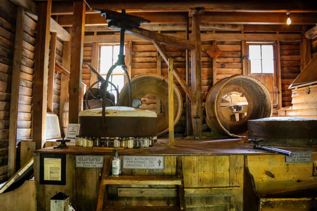 Interior of grist mill with tools for grinding flour.