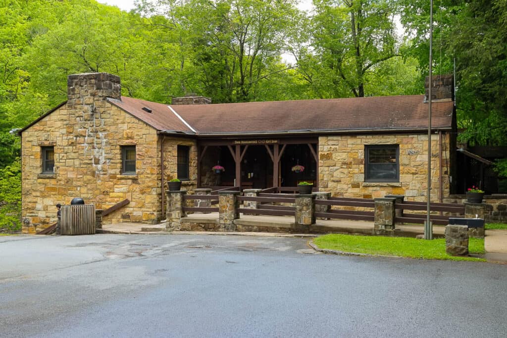 Small stone building with gift shop for Babcock State Park.