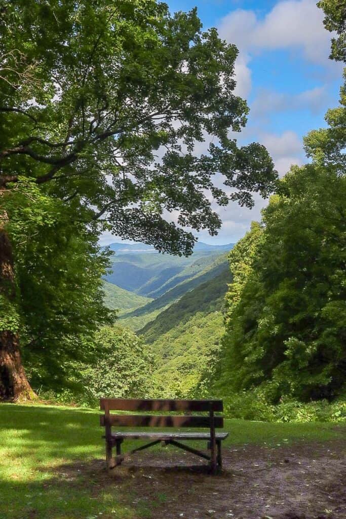 Bench overlooking view of hills and valley at Babcock State Park.