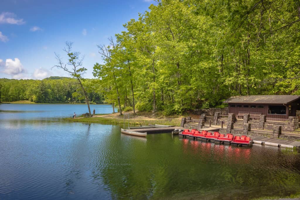 Boley Lake with paddleboats secured to dock.