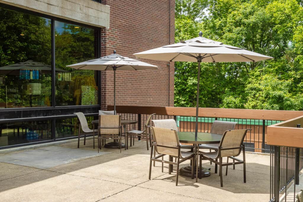 Lodge patio at Hawks Nest State Park.