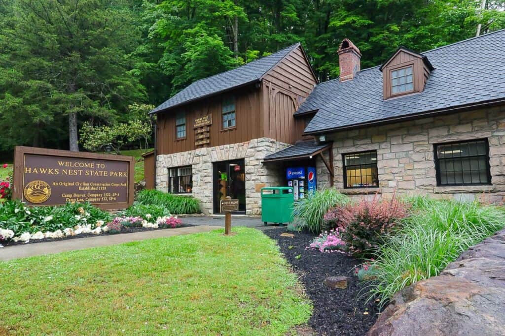 Two-story stone and wood gift shop at Hawks Nest State Park.
