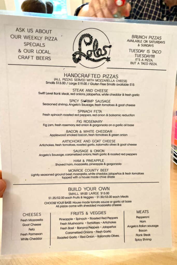 Pizza menu at Lola's.