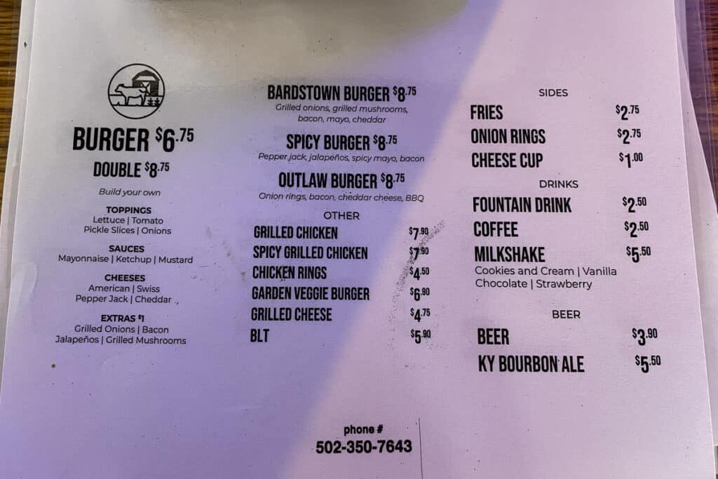 Bardstown Burger menu.
