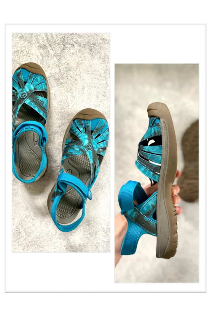Turquoise Keen hiking sandals.