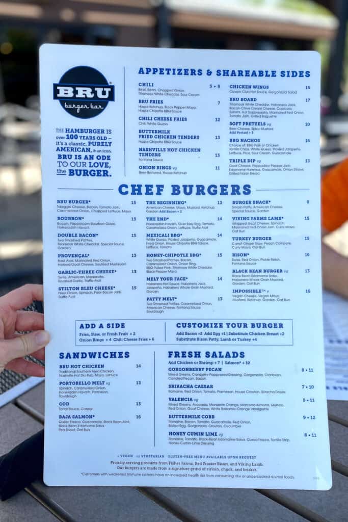 BRU Burger Bar menu.