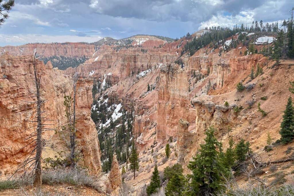 View of reddish brown rocky canyon viewed from Bryce Canyon scenic drive.