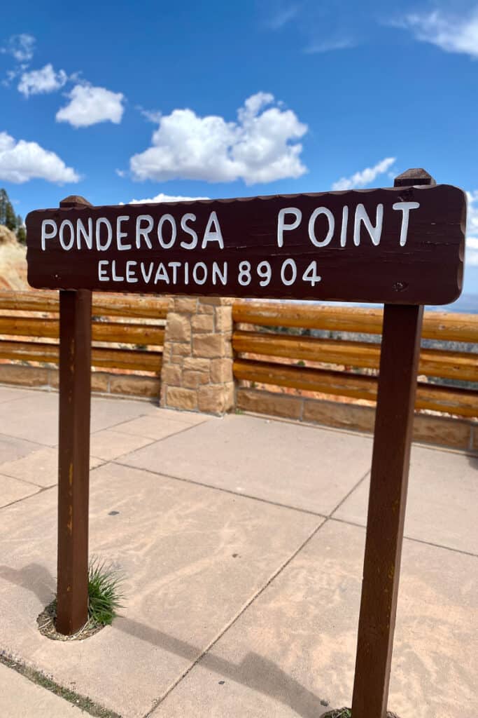 Sign that says "Ponderosa Point, elevation 8904".