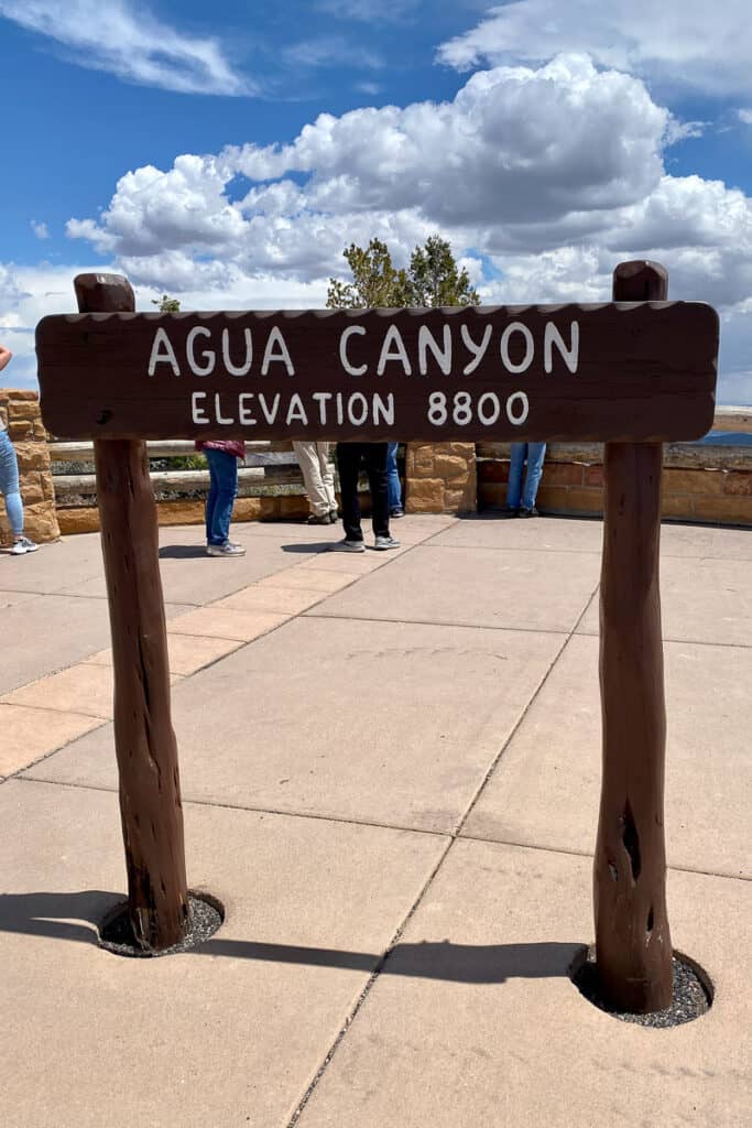 Sign that says "Agua Canyon, elevation 8800".