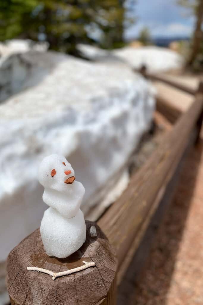 Tiny snowman placed on top of wooden post with compacted snow on ground behind it.