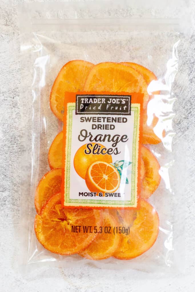 Package of sweetened dried orange slices.
