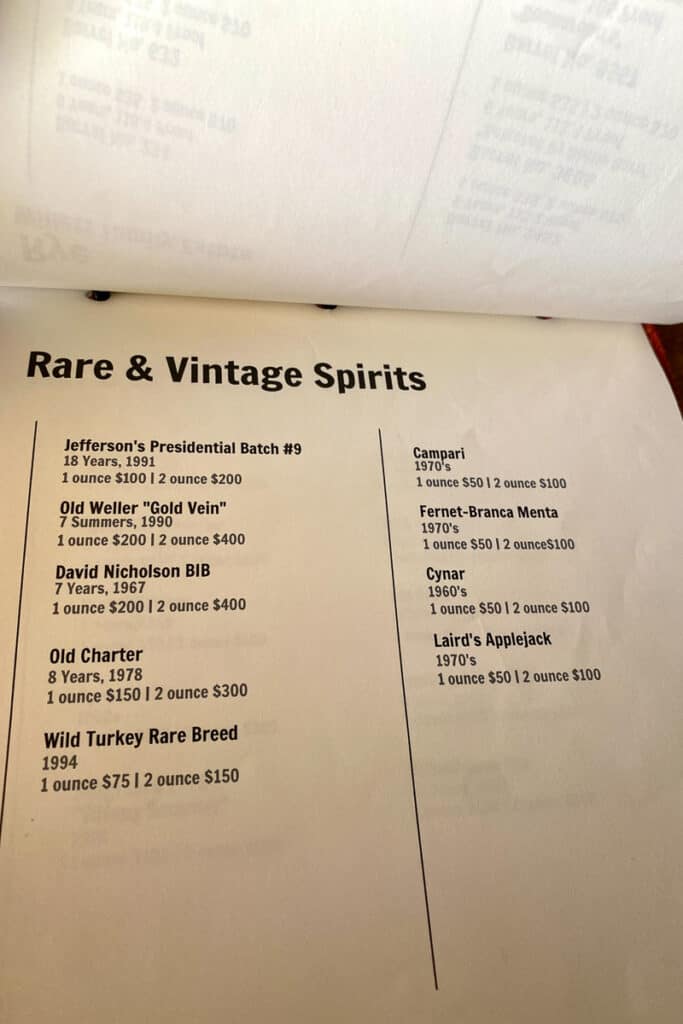 Rare and vintage spirits list at The Bar at Willett.