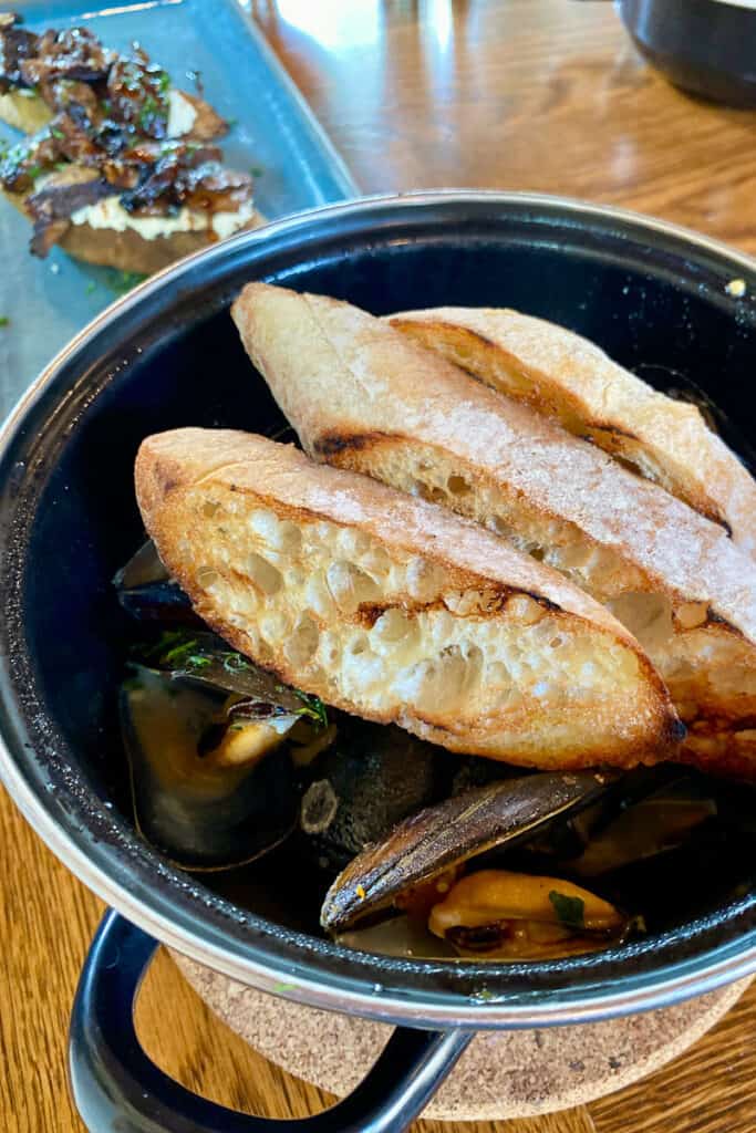 Beer mussels with slices of grilled bread on top.