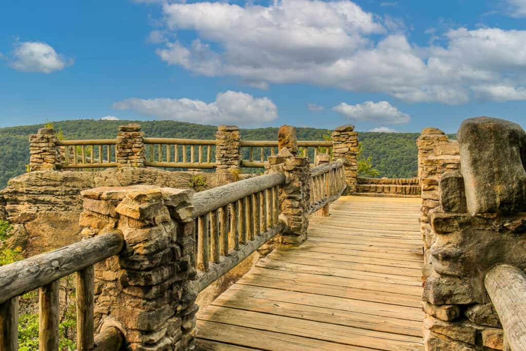 Wooden walkway and railings to overlook at Coopers Rock State Forest.