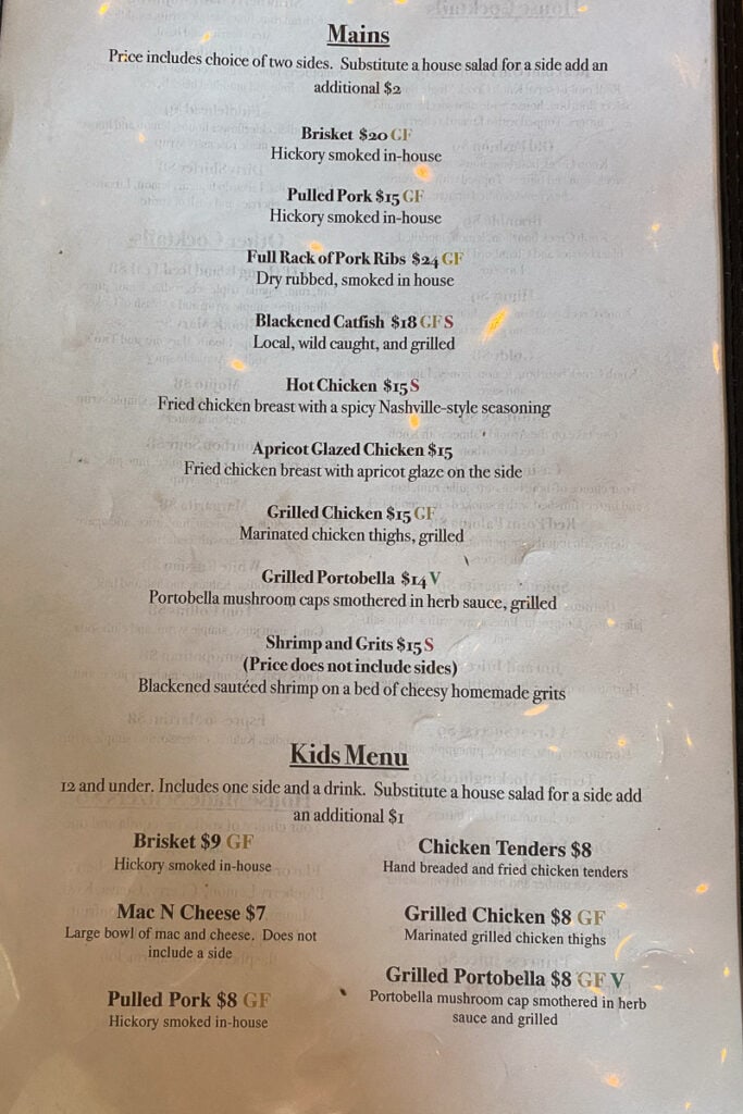 Entree menu and kids menu at Redpoint BBQ.