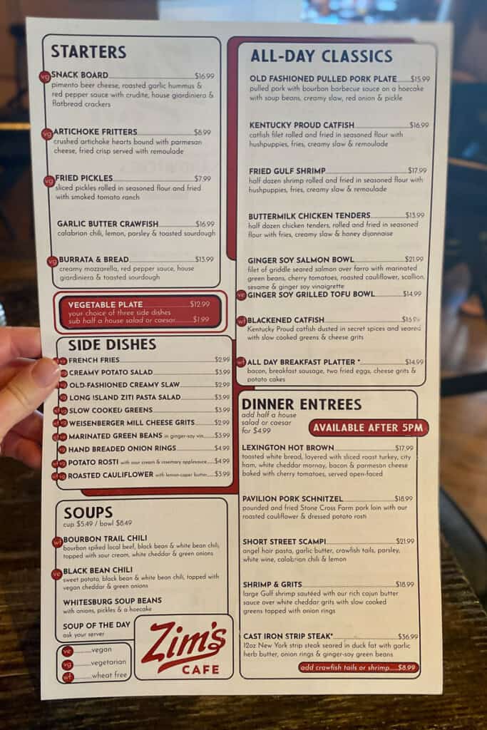 Starters and entrée menu at Zim's Cafe.
