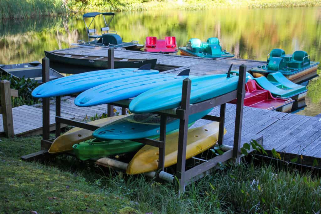Rack of kayaks for rent.