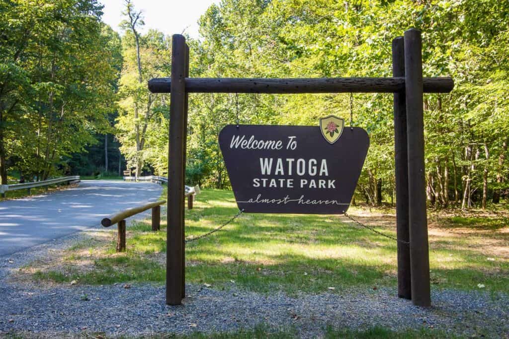 Welcome sign for Watoga State Park.
