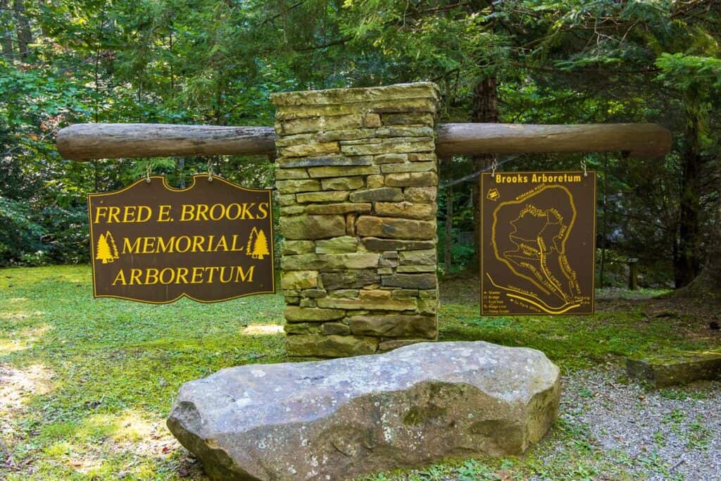 Sign for Fred E. Brooks Memorial Arboretum in Watoga State Park.
