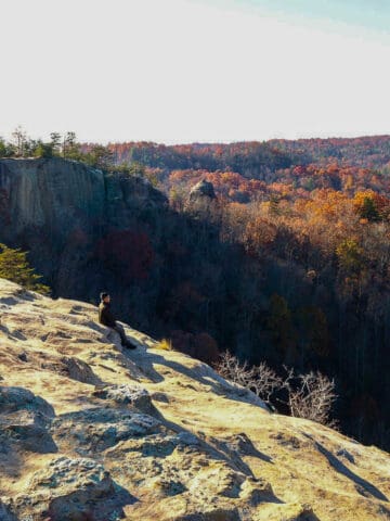Man sitting on rocky ledge viewing valley below.