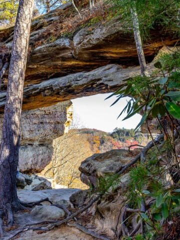 Rock arch with distant hillside view seen through opening.