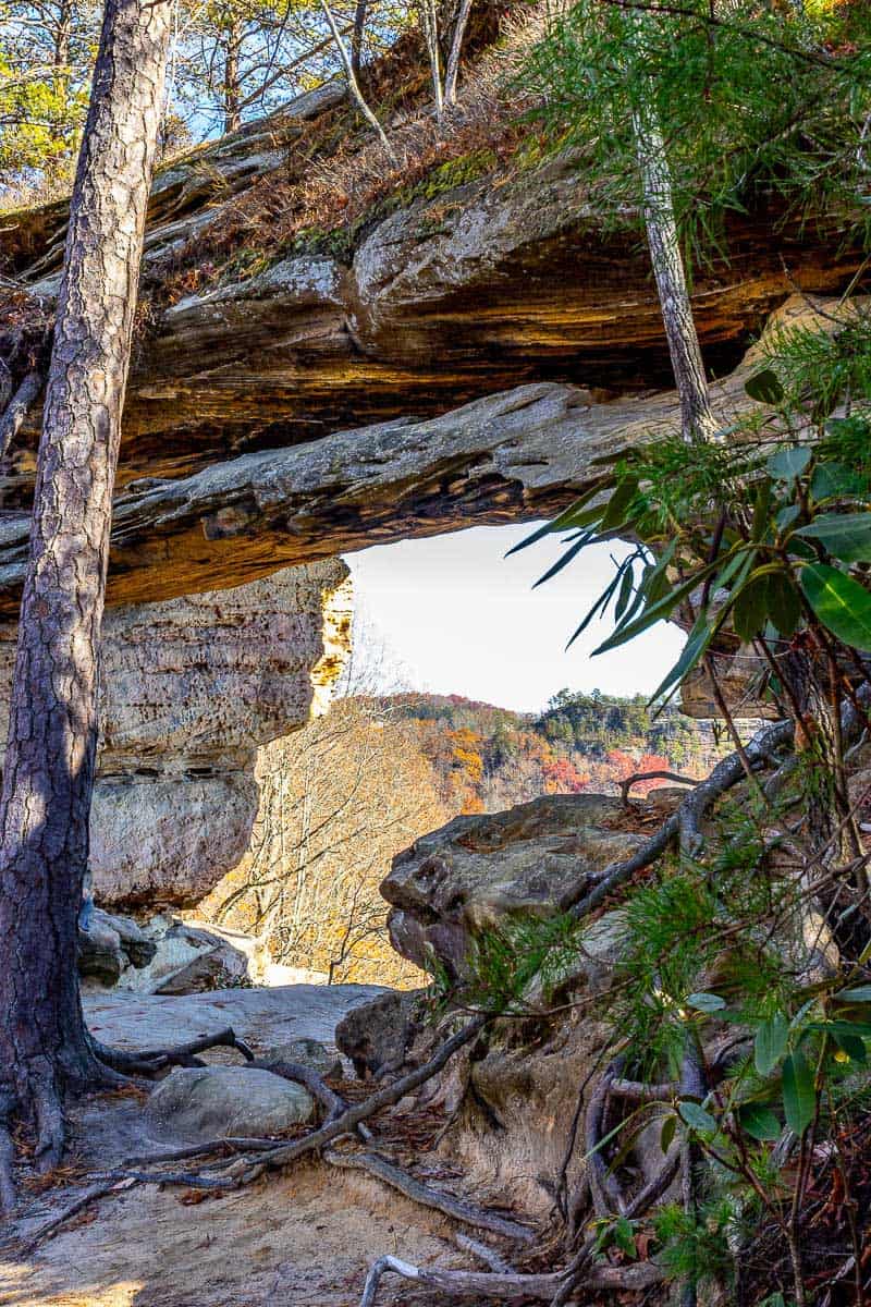 Rock arch in Red River Gorge with distant hillside view seen through opening.