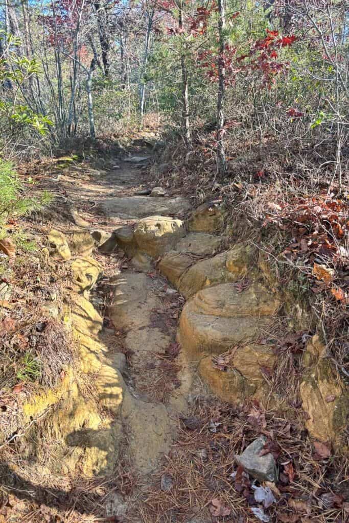 Dirt trail bordered by boulders ascending hillside on Auxier Ridge.