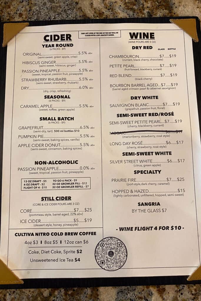 Cider and wine menu at Glacial Till Cider House.