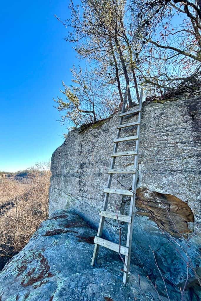 Wooden ladder leaning against boulders.